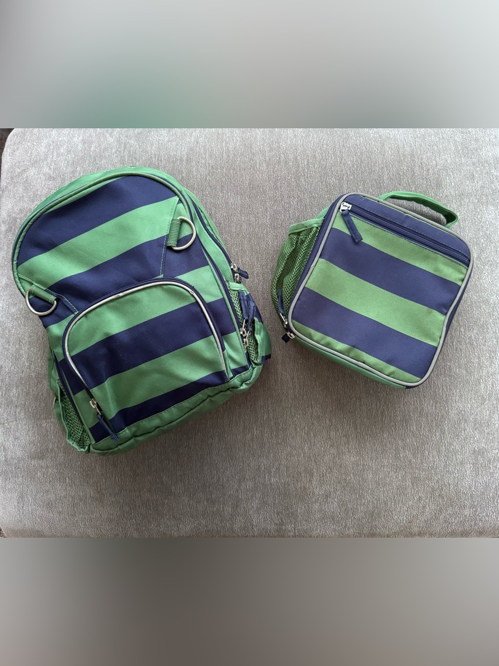 Pottery Barn Kids Green and Navy Striped Backpack with matching lunch box.